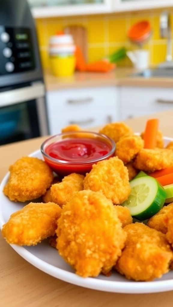 Crispy Air Fryer Chicken Nuggets for Kids Crispy air fryer chicken nuggets served with ketchup and fresh vegetables on a colorful plate.
